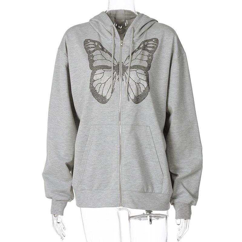 Fashion Oversized Butterfly Graphic Rhinestone Zip Up Hoodies E-girl 90s Streetwear Diamond Grey Long Jacket Autumn